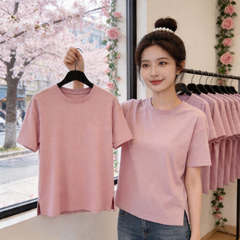 精梳棉纯棉短袖开叉圆领T恤女