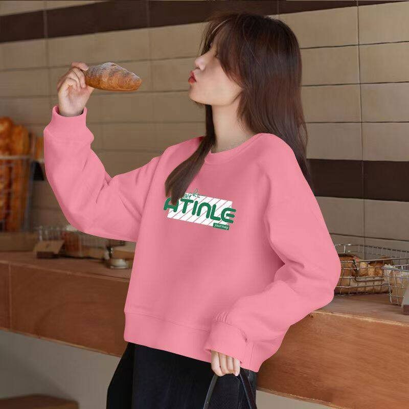 春秋高腰短款纯棉印花卫衣女