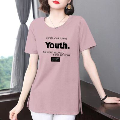 夏季纯棉女士中长款短袖t恤时尚减龄大码宽松显瘦开叉休闲体恤衫