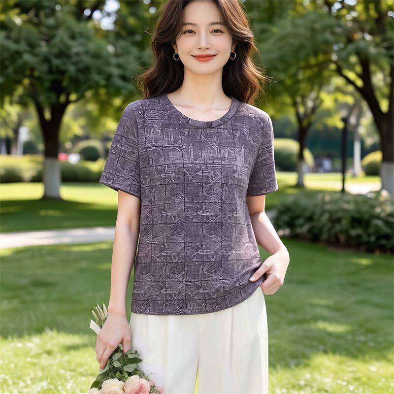 冰丝透气格子扎染短袖T恤女