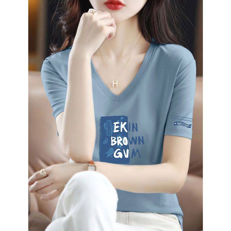 纯棉女士短袖T恤女新款夏季宽松大码V领遮肉遮肚子潮流上衣女汗衫