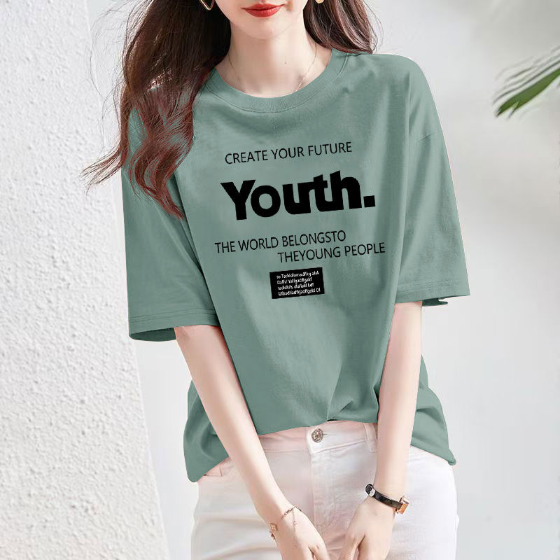 夏季纯棉韩版时尚短袖t恤女潮流休闲百搭显瘦大码宽松遮肚子上衣