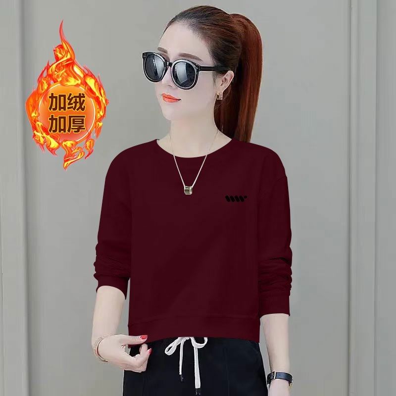 安可拉红加绒加厚纯棉短款卫衣女秋冬新款时尚韩版通勤小个子上衣