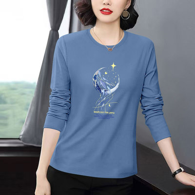 精品纯棉长袖T恤女春秋女装大码宽松印花休闲时尚正肩打底上衣女