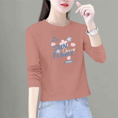 100%纯棉春秋长袖短款T恤女