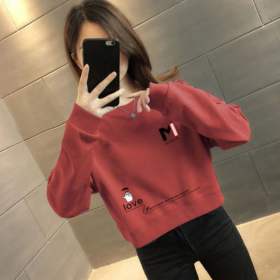 随机印花 纯棉时尚短款卫衣女韩版洋气百搭宽松显瘦小个子ins上衣