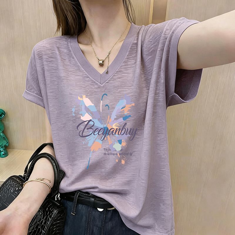 竹节棉纯棉短袖V领飞飞袖T恤女
