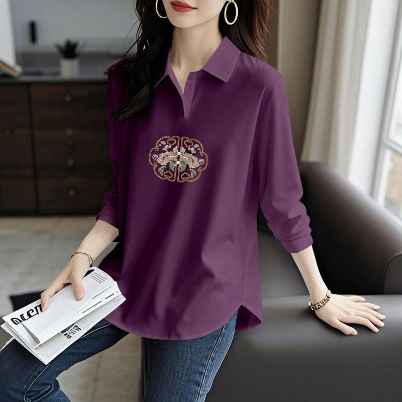 春秋爆款纯棉弧形长袖POLO衫T恤女时尚洋气新款百搭宽松翻领上衣