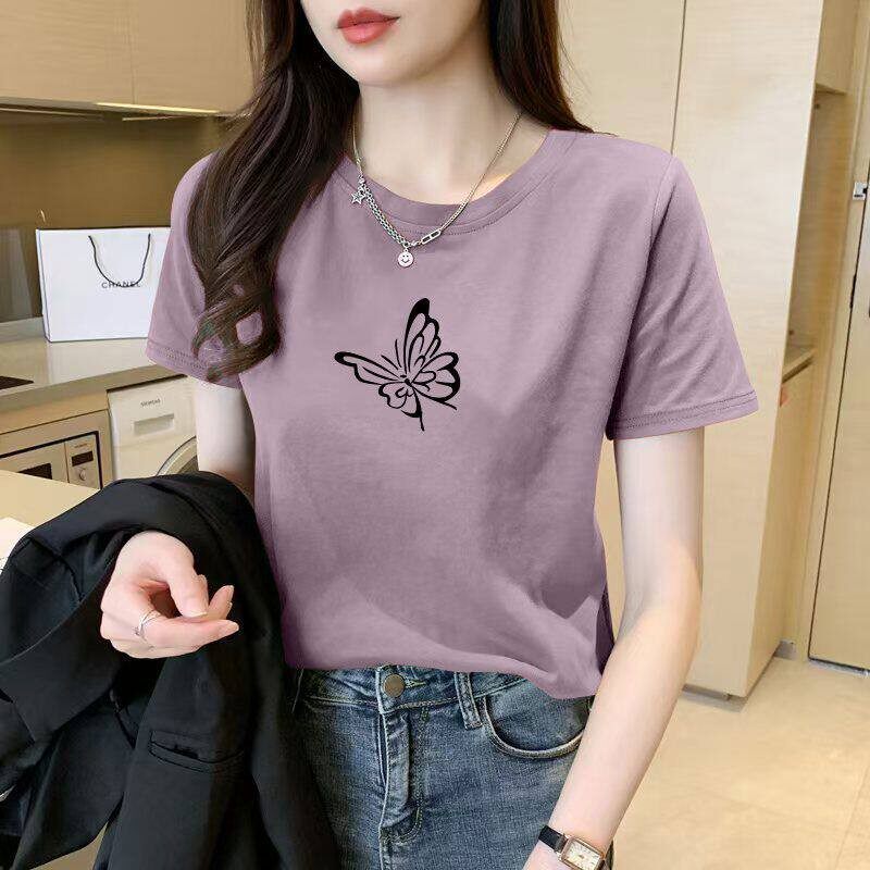 夏季爆款纯棉蝴蝶印花短袖T恤女时尚洋气宽松遮肉显瘦休闲上衣服