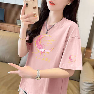 洋气新款 夏季 T恤女韩版 中长款 百搭减龄显瘦印花上衣 100%纯棉短袖