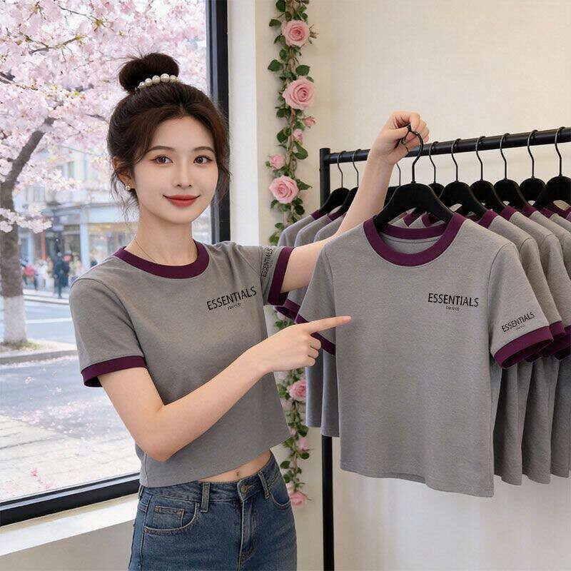 纯棉短款撞色短袖印花T恤女