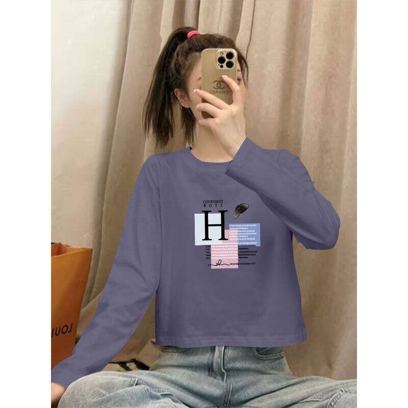 春秋爆款短款纯棉长袖T恤女时尚洋气潮流百搭宽松显瘦小个子上衣