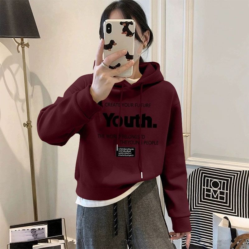 秋冬银狐绒加绒加厚连帽短款卫衣女时尚洋气百搭显瘦小个子外套潮