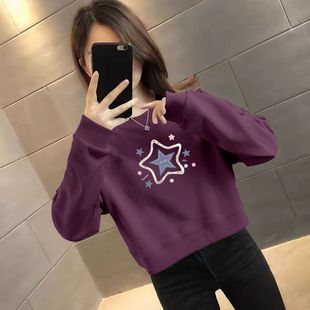 华棉长袖 圆领百搭薄款 春秋款 卫衣女大码 休闲上衣女 不加绒短款 新款