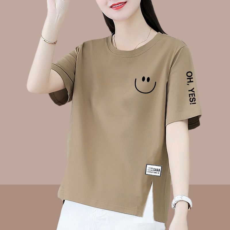 纯棉咖色短袖t恤女夏季时尚宽松遮肉显瘦减龄设计感开叉休闲上衣