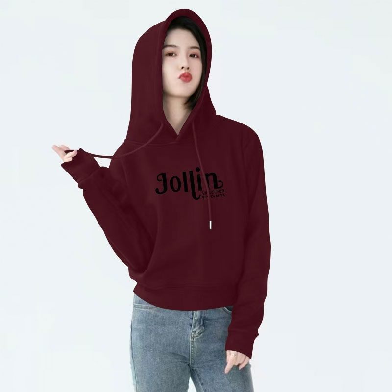 秋冬安可拉红加绒加厚连帽短款卫衣时尚新款韩版百搭显瘦印花外套