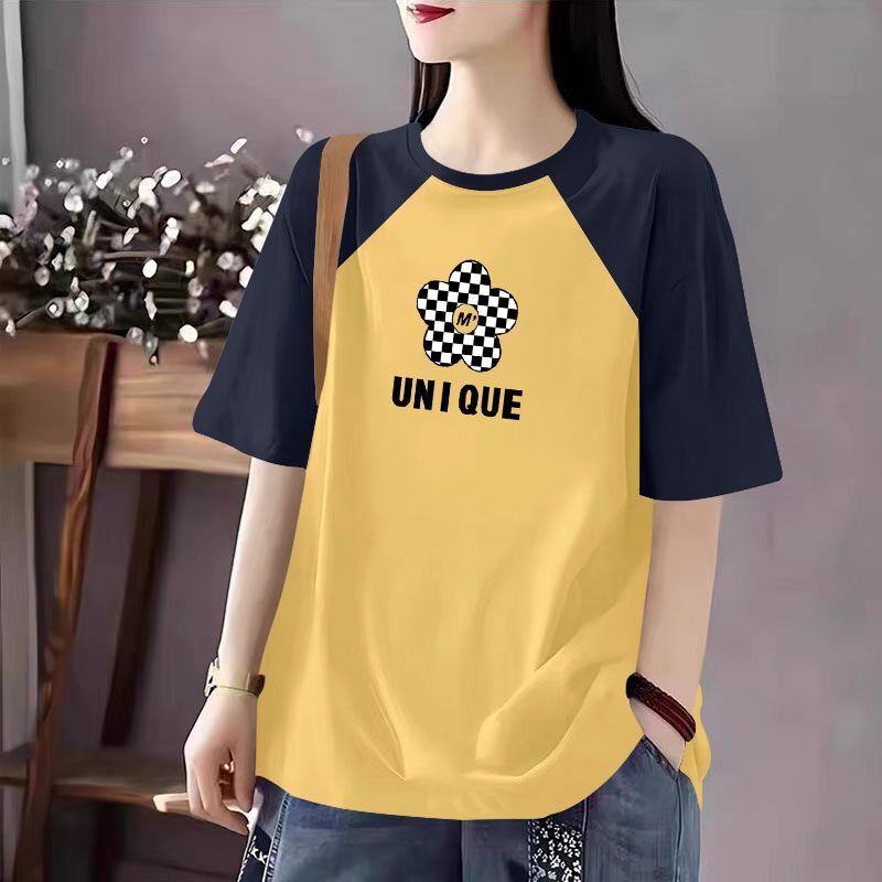 夏季女士新款纯棉短袖撞色T恤韩版洋气宽松遮肉显瘦设计感上衣服