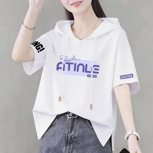 纯棉短袖开叉连帽卫衣T恤女