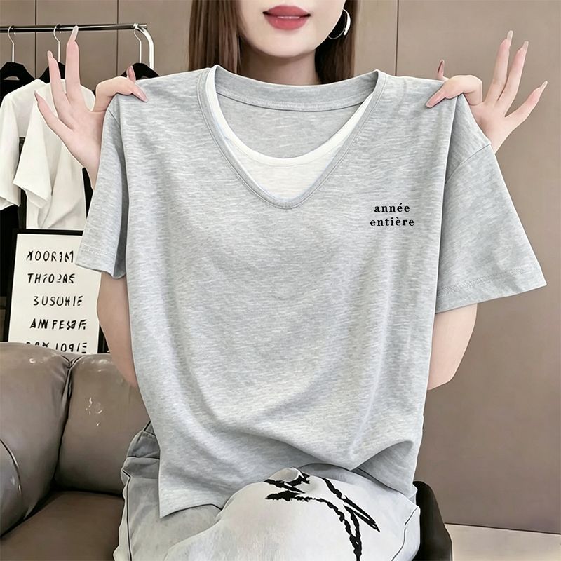 纯棉竹节棉短袖V领T恤女夏