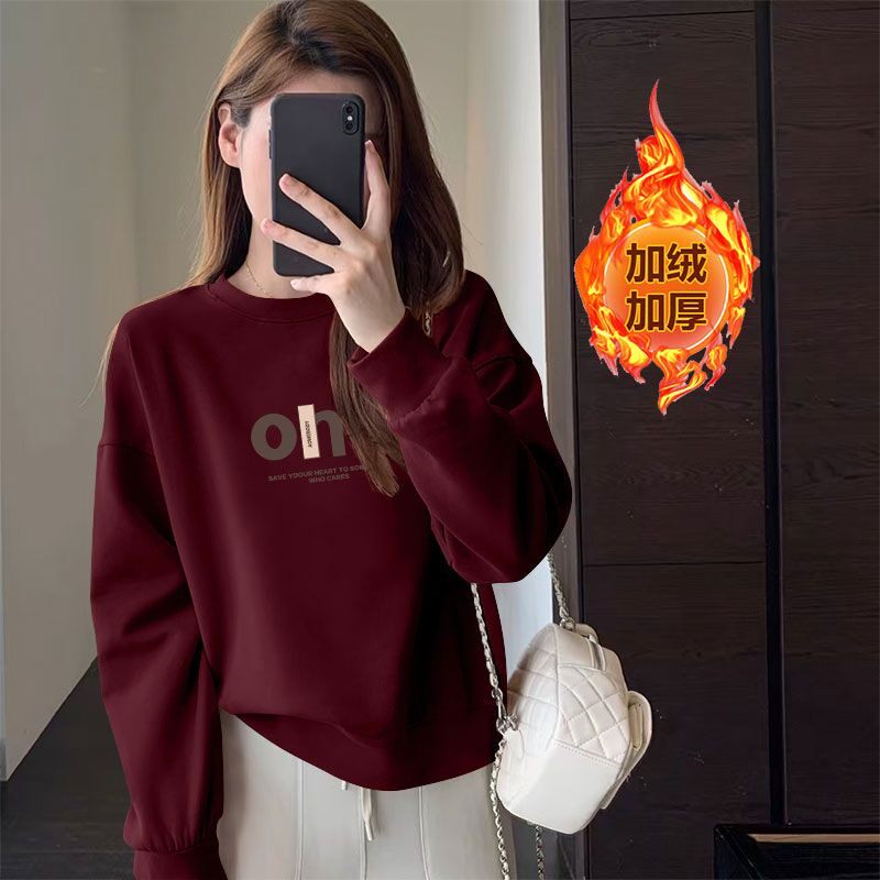 新款加绒加厚纯棉短款卫衣女