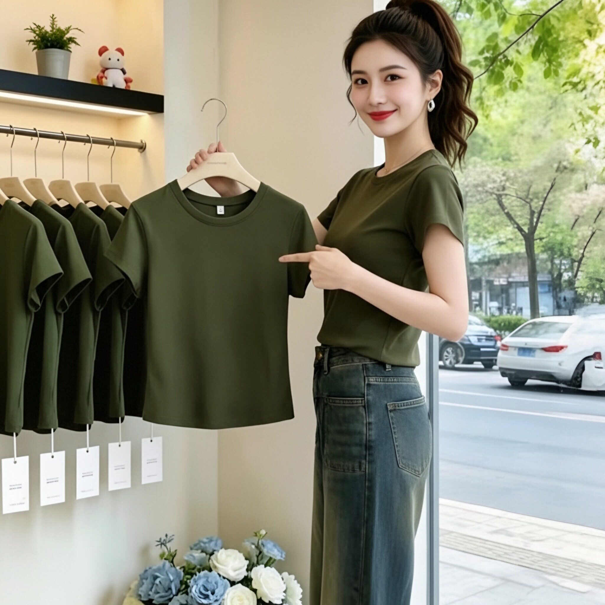 爆款军绿色短款短袖T恤女