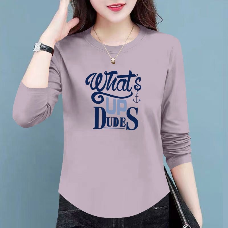 春秋纯棉长袖弧形下摆T恤女时尚洋气新款百搭宽松显瘦爆款上衣服