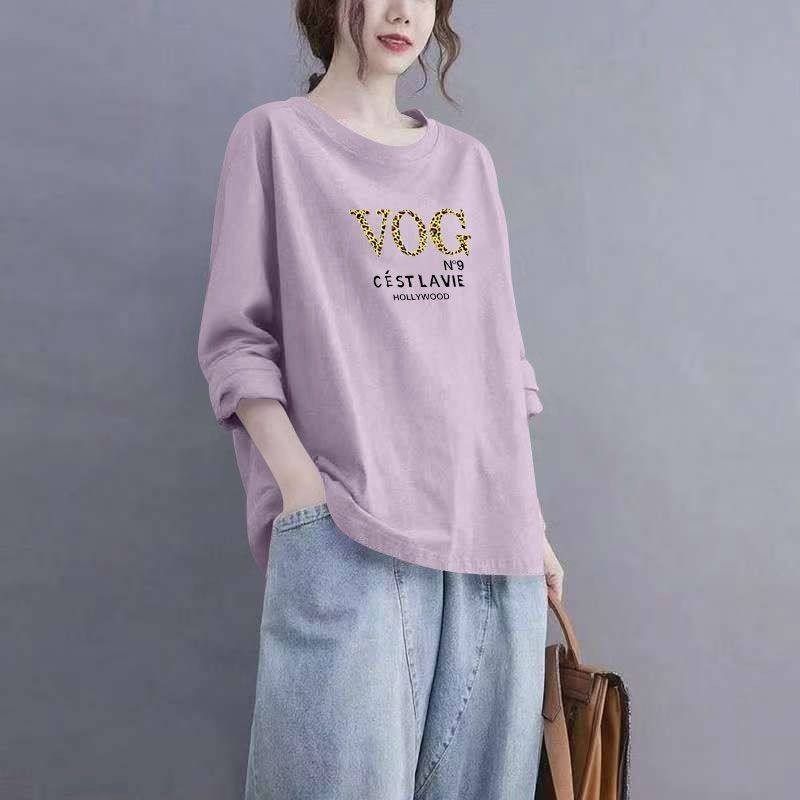 纯棉内搭长袖打底衫T恤女春秋新款韩版通勤宽松显瘦印花休闲上衣