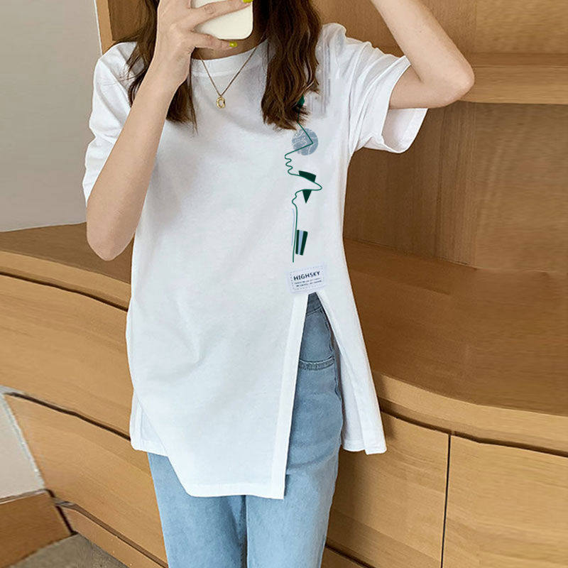 夏季纯棉中长款开叉短袖T恤女时尚洋气百搭设计感白色印花ins上衣
