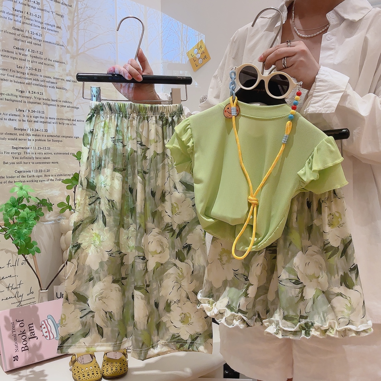 【三件套】女童夏季荷叶边碎花短袖套装新款洋气短裤T恤阔腿裤