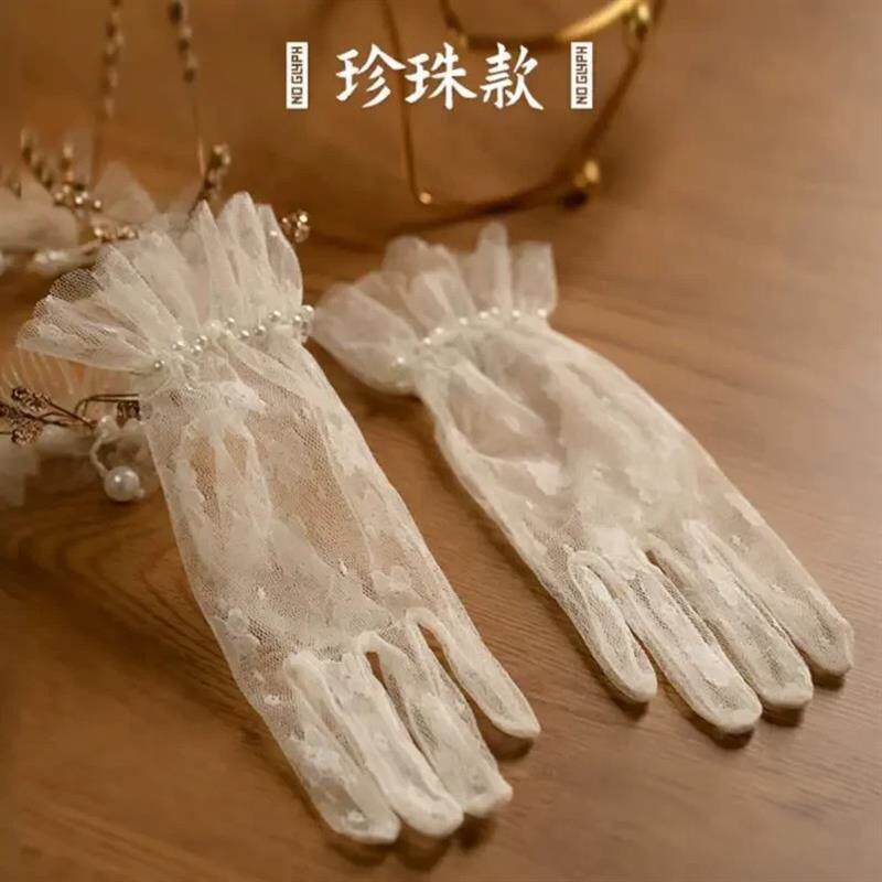 新娘婚纱手套优雅复古蕾丝赫本风白色网纱蝴蝶结珍珠结婚礼服厂家