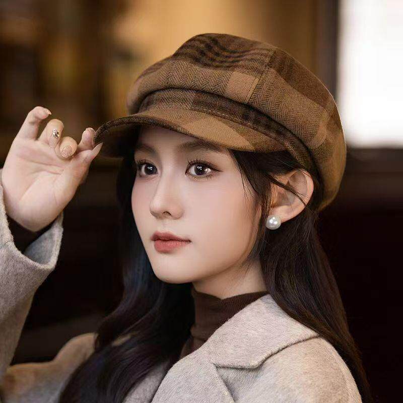 秋冬新款贝雷帽子女2025格八角帽春季英伦画家帽显脸小韩版报厂家