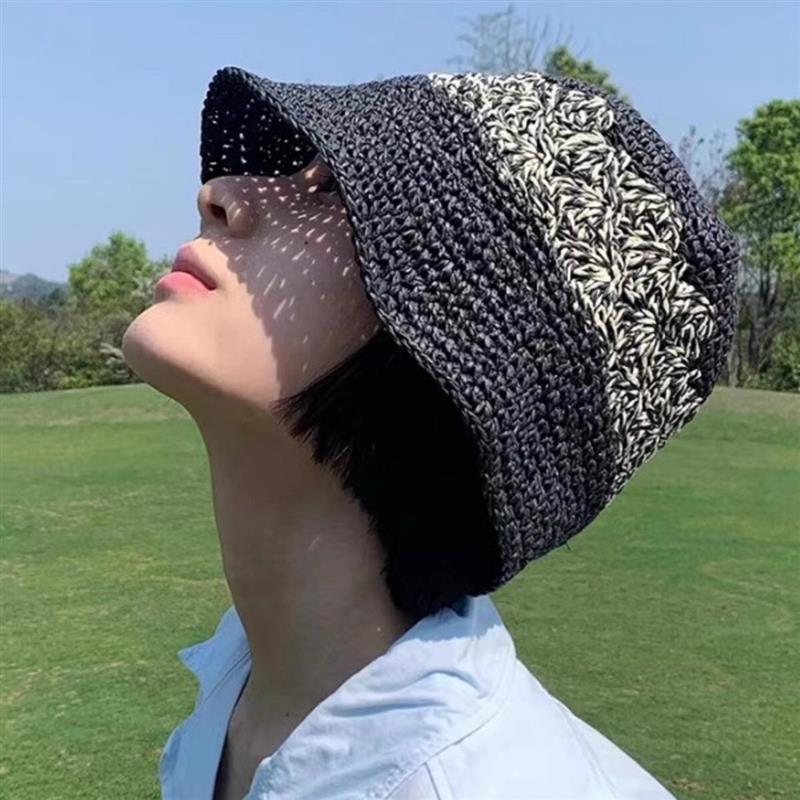 日系编制草帽女春夏花纹手工显脸小遮阳帽度假防晒百搭水桶帽厂家