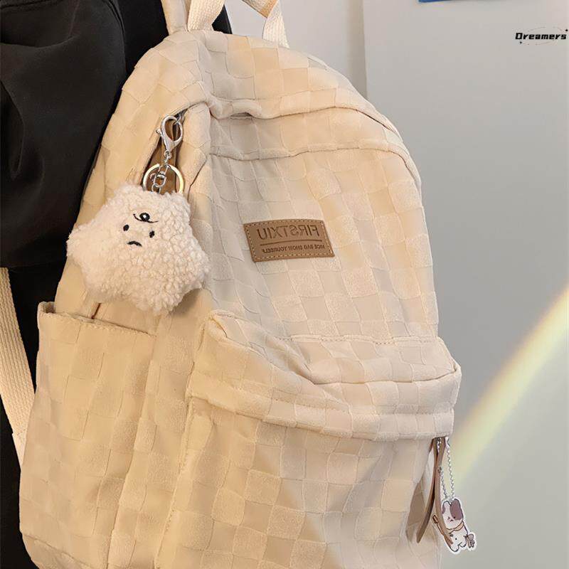 。书包韩系高颜值女高中大学初中大容量背包简约百搭格子少女双肩