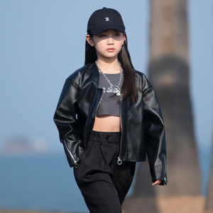 新款秋季女童黑色皮衣外套母女装洋气夹克走秀气质款