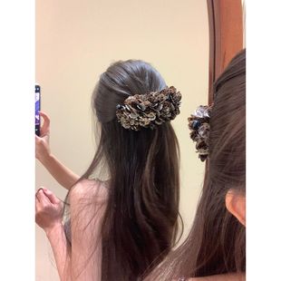 复古豹纹花朵香蕉夹女高级感发夹后脑勺显发量抓夹半扎发横夹发饰