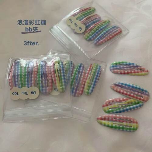 浪漫彩虹糖bb夹|3fter四个装可爱少女格子耐用迷你韩风刘海夹发夹