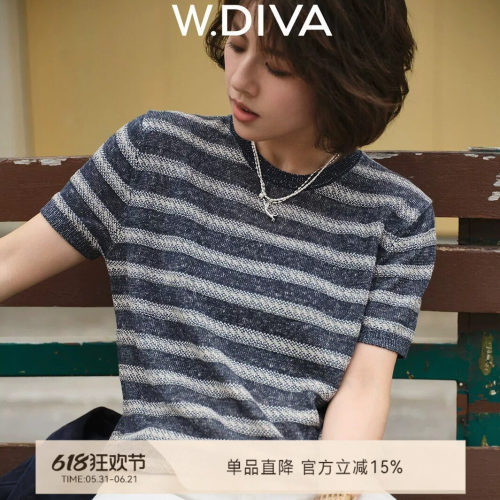 W.Diva法国亚麻灰蓝条短袖针织衫