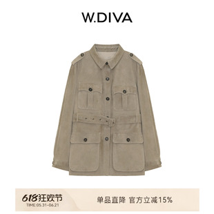 W.Diva【罗塞】米灰进口混种羊反绒翻领短外套肩扣猎装皮衣外套