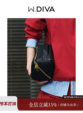 【谧光】小羊皮皮菱格黑色化妆包气质时尚手提包50J011628