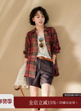 魏老板【际遇】天然亚麻设计红色纽扣随性防晒格子衬衫52S112307