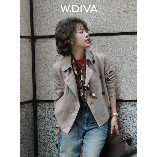 W.Diva法式亚麻双排扣短外套女