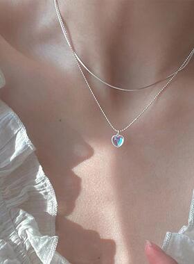 necklaces women炫彩石心形吊坠颈炼 炼 叠戴双层爱心月光石项炼