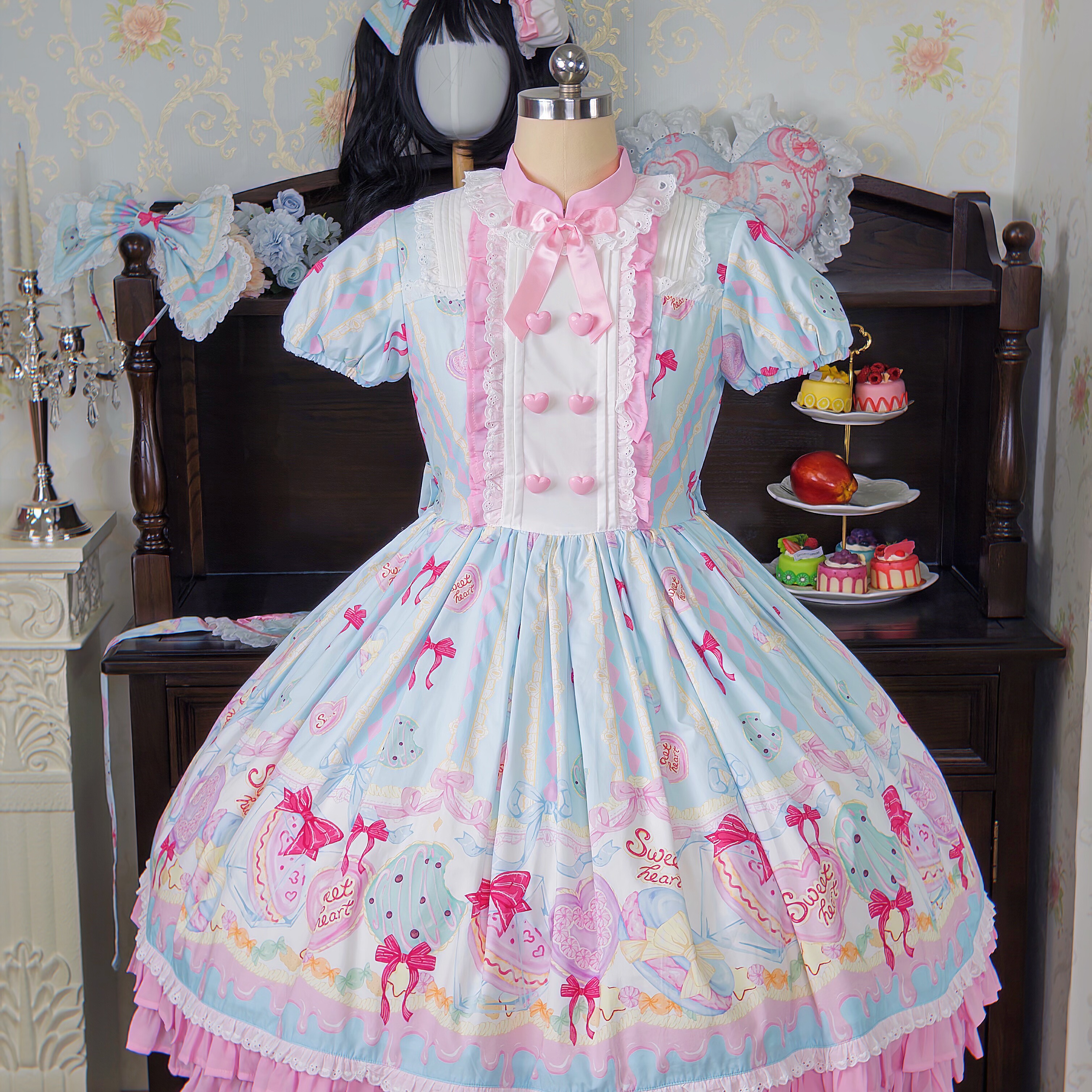 恋恋马卡龙OP 蓝色甜美系 原创Lolita 古早日牌感 纯棉印花连衣裙