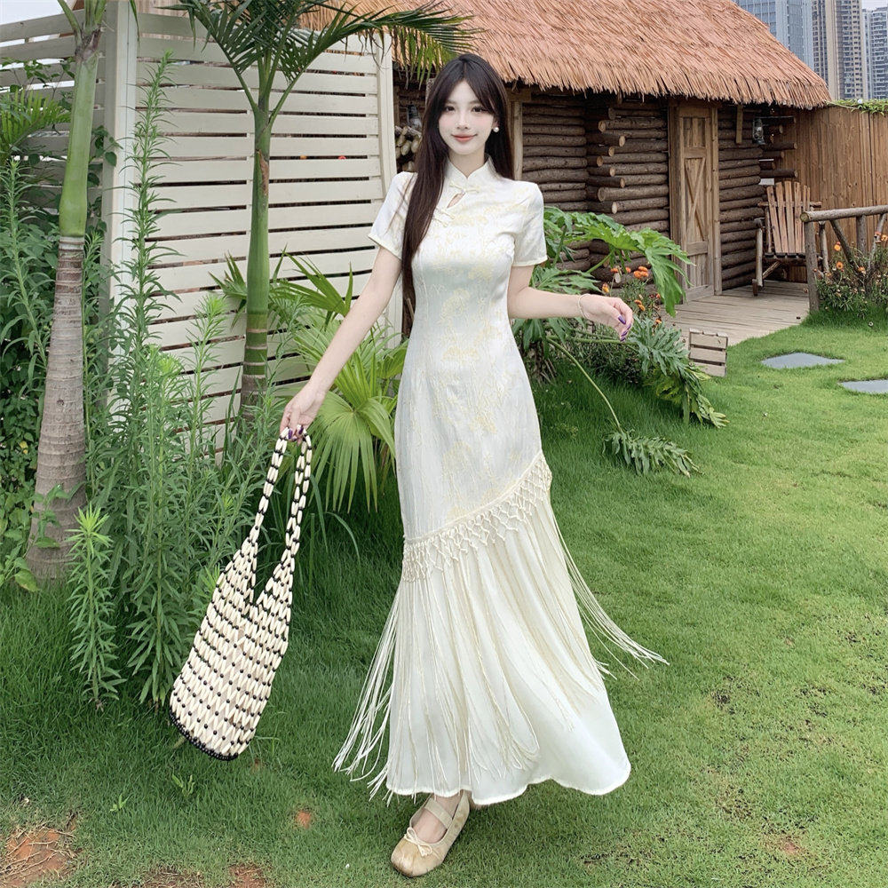 大码夏日绝美新中式提花旗袍连衣裙女夏季新款设计感流苏气质长裙