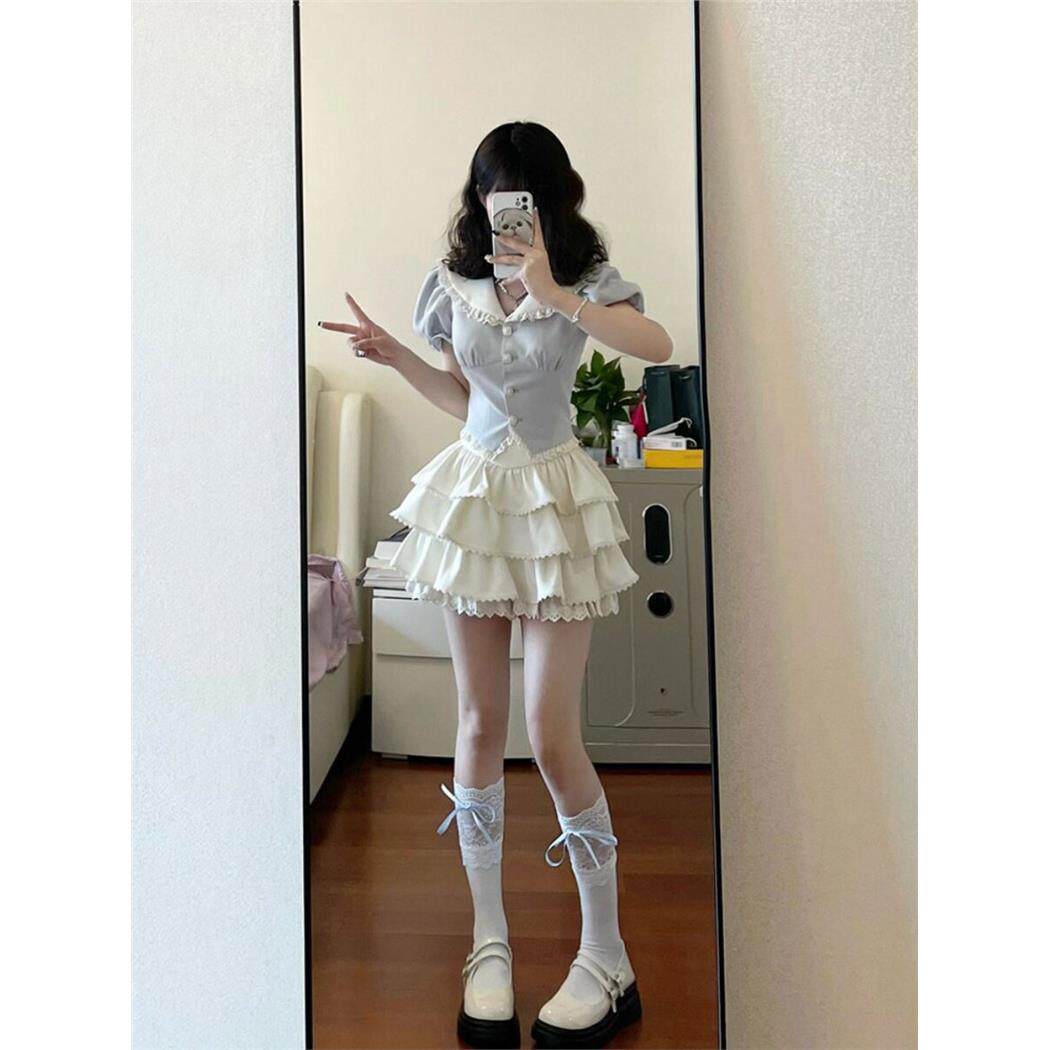 迪士尼多巴胺穿搭小个子韩系学院风套装蛋糕连衣裙子甜辣妹女夏季