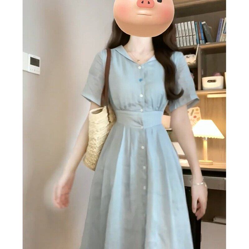 2026新款法式高级感蓝色衬衫连衣裙子夏季女装气质收腰超好看长裙
