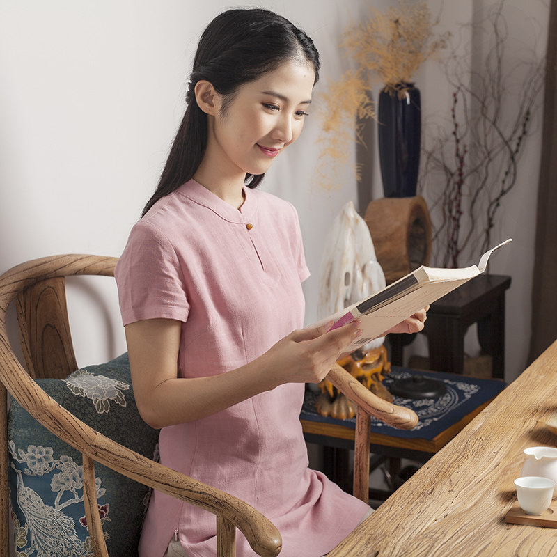 棉麻禅修服茶短袖上衣中长款女夏图片