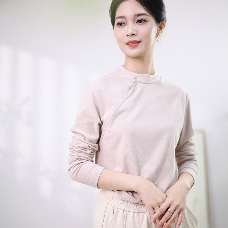 拈花缘原创复古文艺中国风纯棉斜襟圆领T恤中式上衣女春秋