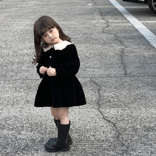 韩国童装 2023秋冬新款 女童娃娃领连衣裙小女孩气质加绒丝绒裙子