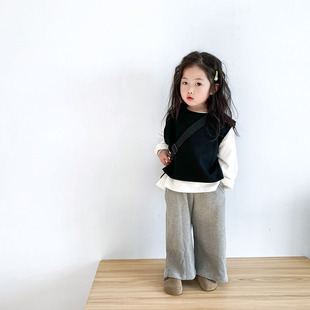 韩版 儿童洋气套装 2023男女童百搭马甲长袖 春款 T恤阔腿裤 三件套装